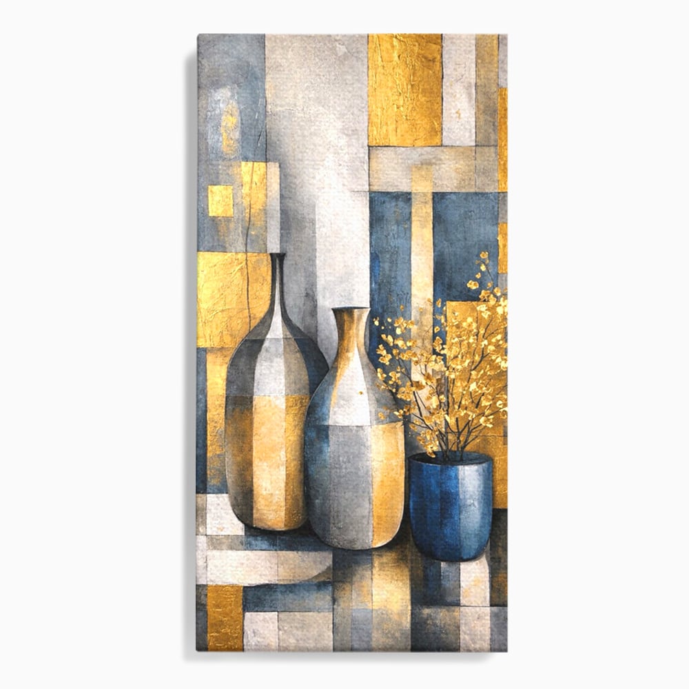 Tablou canvas cu pictura abstracta cu vaze si flori aurite, fara rama, pe sasiu de lemn